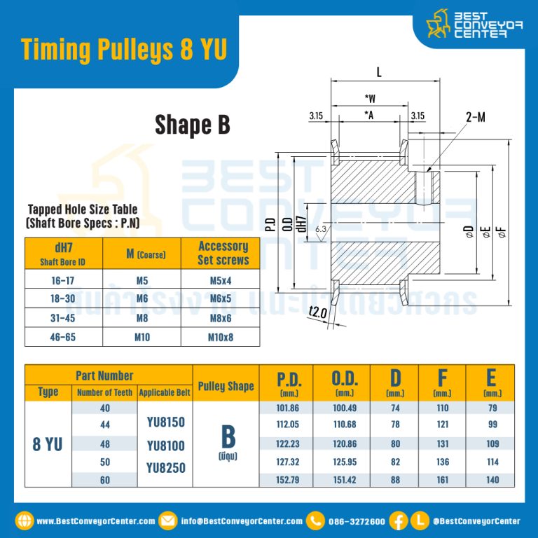 มู่เล่ย์ไทม์มิ่ง Pulley Timing 8YU (มีดุม) หน้ากว้าง 15 mm. 20 ฟัน : Pulley Timing 8YU-15-20TB