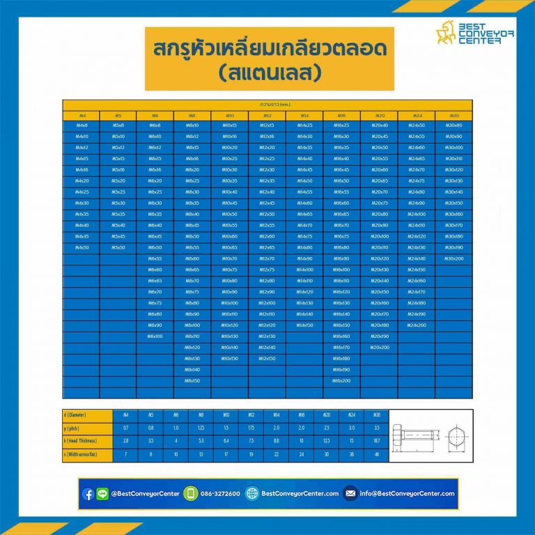 สกรูหัวเหลี่ยม M20x200 mm. เกลียวตลอด สแตนเลส : M20L200SS