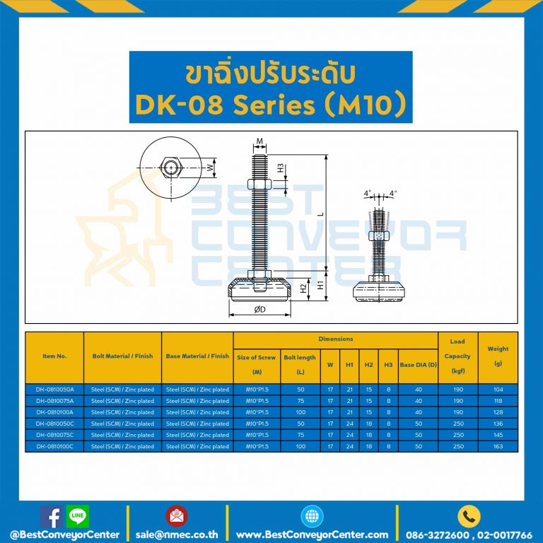 DK-0810075AAdjustable Swivel M10xL75 mm., Anti-Vibration Leveling Glides