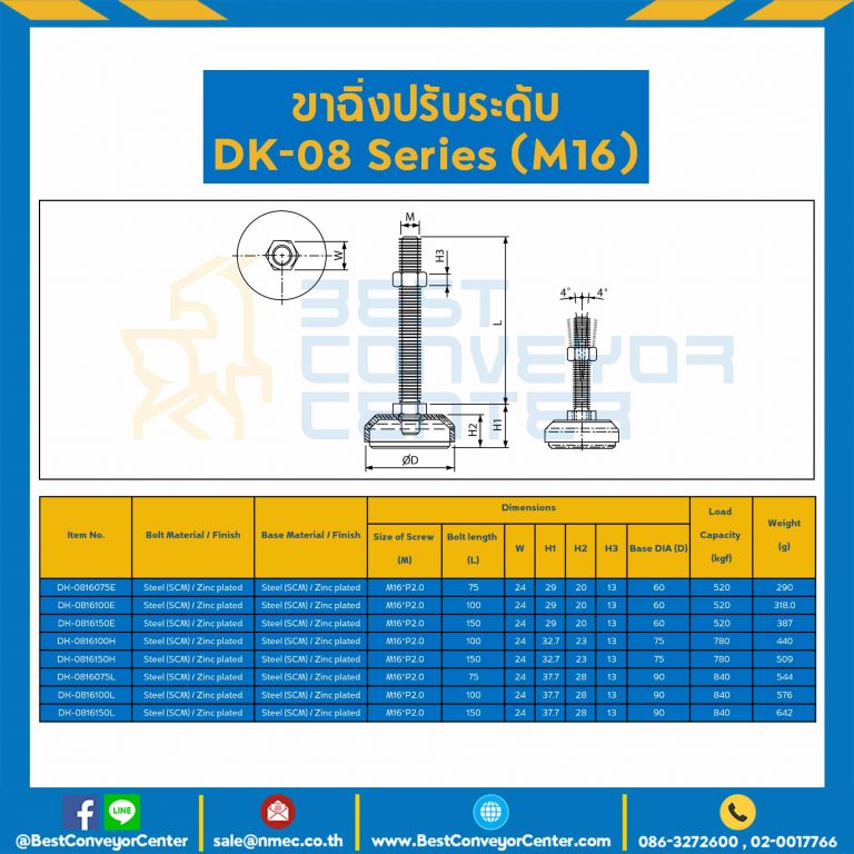 DK-0808035A  Adjustable Swivel M8xL35 mm., Anti-Vibration Leveling Glides