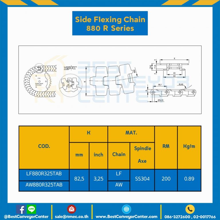 โซ่พลาสติกทางโค้ง Table Top Chain AW880RTAB ; 3.25 นิ้ว. : AW880R 325TAB