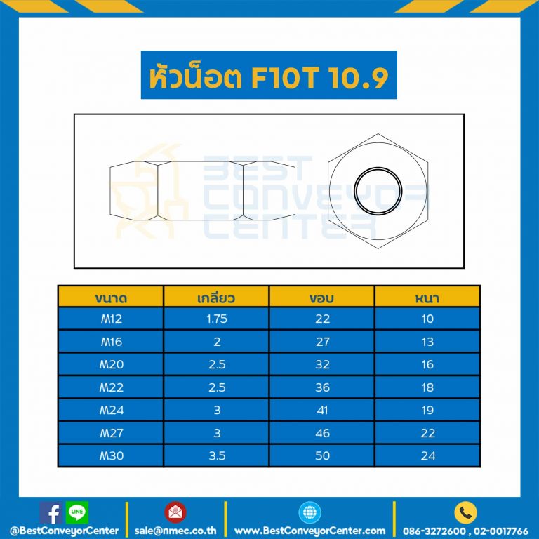 HN-F10T-M27 : หัวน็อต F10T เกรด 10.9 ขนาด M27x3 ขอบ 46 mm. หนา 22 mm.