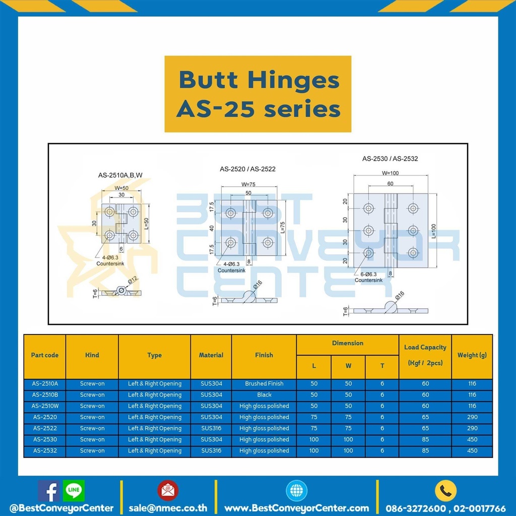 บานพับสแตนเลสเคลือบเงา ขนาด 75×75 mm. หนา 6 mm. AS-2522