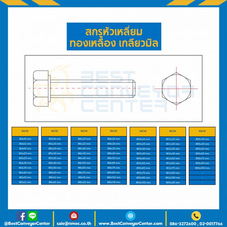 สกรูหัวเหลี่ยมทองเหลือง ขนาด M10x100 mm. : BHS-M10L100