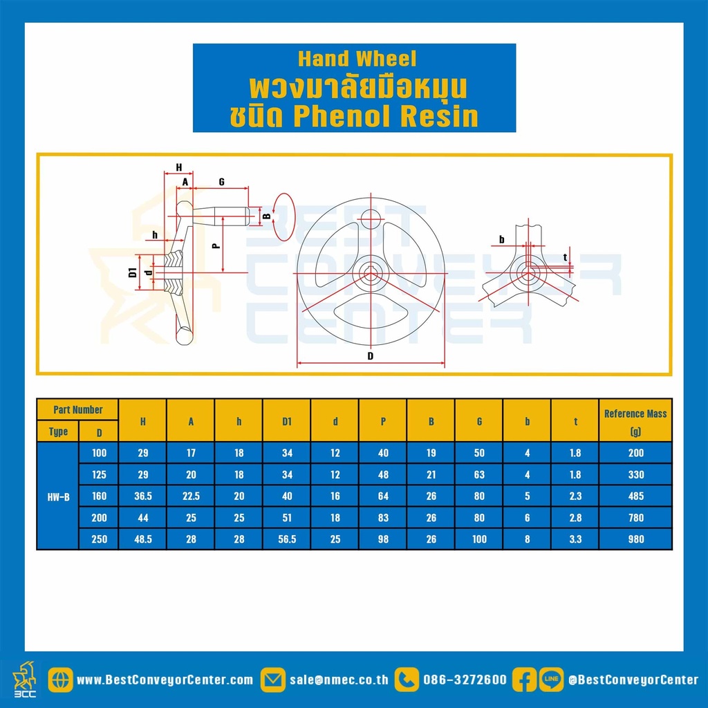HW-100B ; พวงมาลัยมือหมุน 3 ก้าน 100 mm. เหล็กสีดำ รูเพลา12 ร่องลิ่ม 4 ลึก1.8 mm.