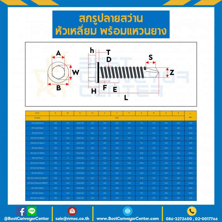 สกรูหัวเหลี่ยมปลายสว่าน (แหวนยาง) ขนาด #10-16×1-1/2″ (40 mm.) : HSSR#10-16L1-1/2-43