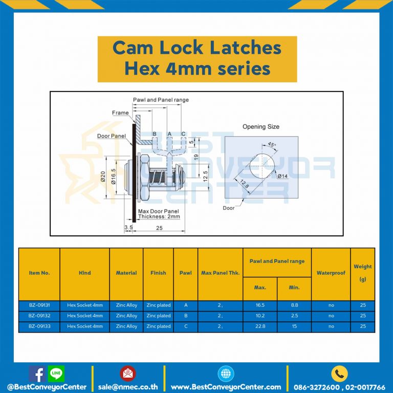 BZ-09132 Cam Lock Latches Hex 4mm. Zinc Alloy Pawl B