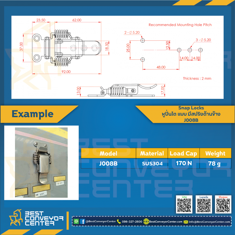 J008B Snap Locks แบบมีสปริงด้านข้าง ขนาด 3.0