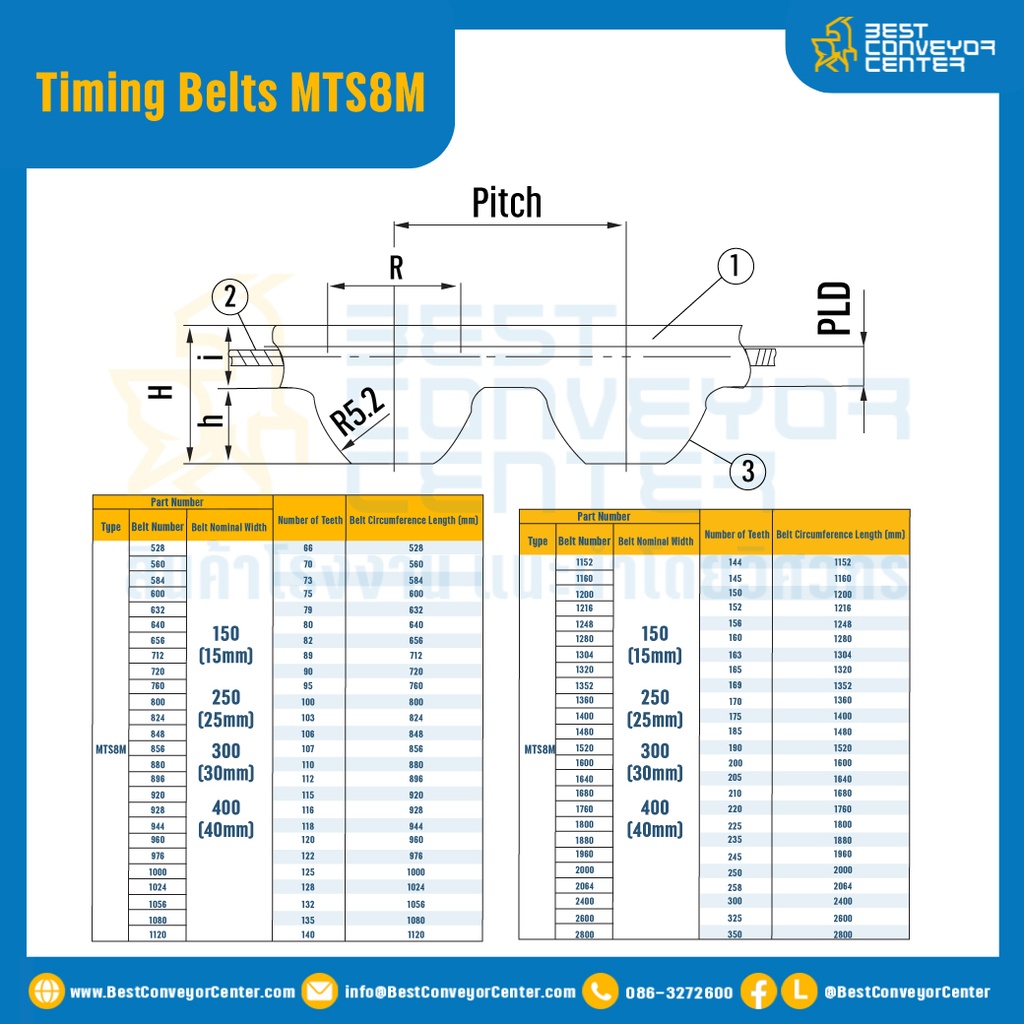ไทม์มิ่ง เบลล์ Timing Belt MTS8M หน้ากว้าง 15 mm. 100 ฟัน ยาว 800 mm. : Timing Belt MTS8M-15-100T-943
