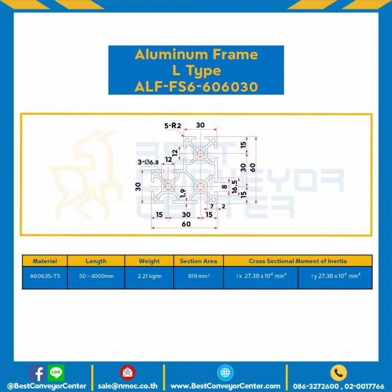 Aluminum Frame 6 Series Slot width 8 60x60x30 mm. L100 mm. Clear Anodize (L Type) : ALF-FS6-606030-116