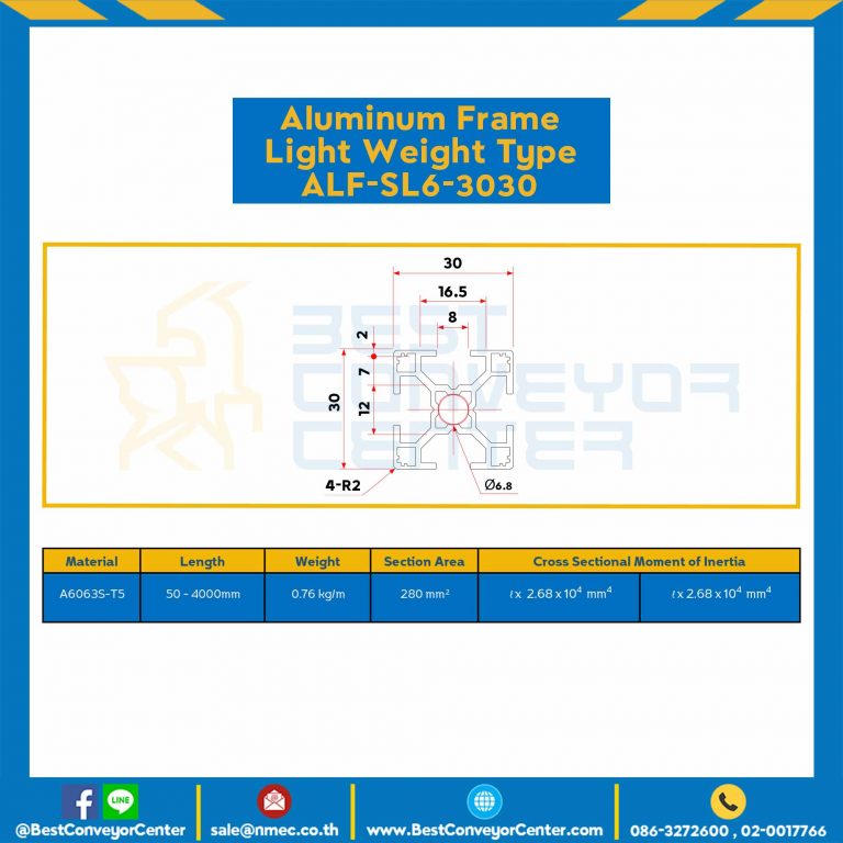 Aluminum Frame 6 Series Slot width 8 30×30 mm. L100 mm. Clear Anodize (Light Weight) : ALF-SL6-3030-121