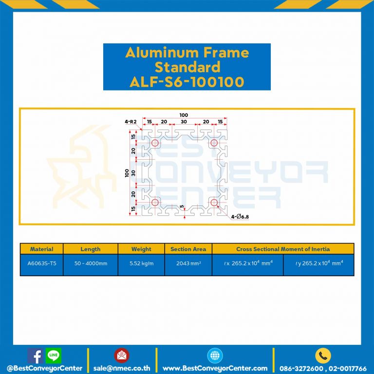 Aluminum Frame 6 Series Slot width 8 100×100 mm. L100 mm. Clear Anodize : ALF-S6-100100-156