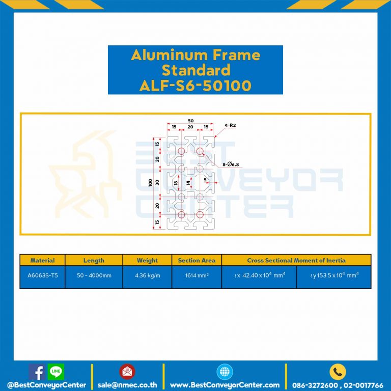 Aluminum Frame 6 Series Slot width 8 50×100 mm. L100 mm. Clear Anodize : ALF-S6-50100-110