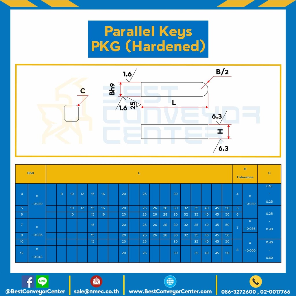 Parallel Key PKG 5×10-SH Parallel Key แบบกลม ที่ปลายด้านหนึ่ง ขนาด 5×10 mm. เหล็กชุบแข็ง
