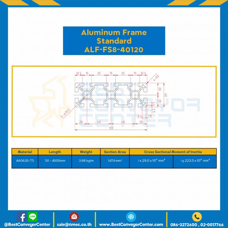Aluminum Frame 8 Series Slot width 10 40×120 mm. L100 mm. Clear Anodize : ALF-FS8-40120-104