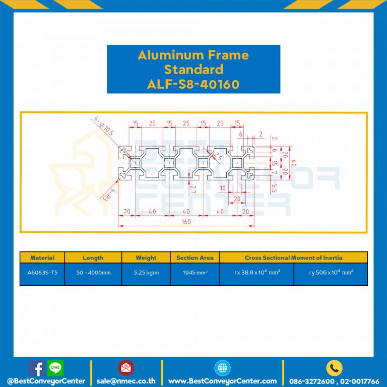 Aluminum Frame 8 Series Slot width 10 40×160 mm. L100 mm. Clear Anodize : ALF-S8-40160-100