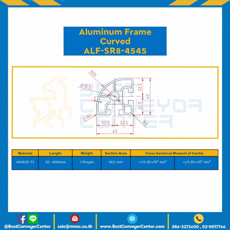 Aluminum Frame 8-45 Series Slot width 10 45×45 mm. L100 mm. Clear Anodize (Curved) : ALF-SR8-4545-103