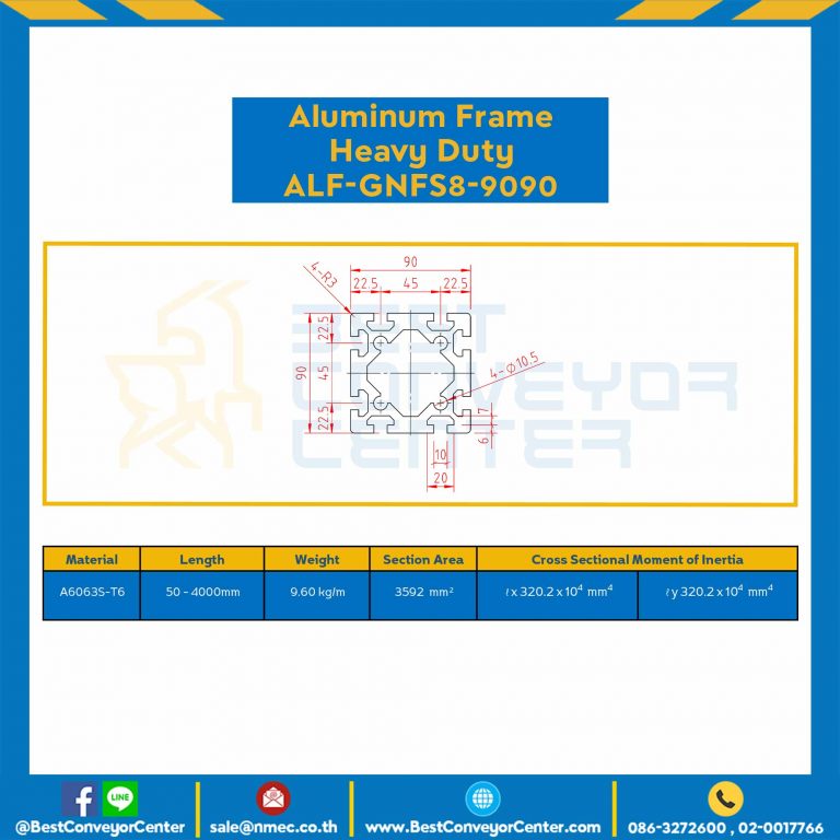 Aluminum Frame 8-45 Series Slot width 10 90×90 mm. L100 mm. Clear Anodize (Heavy Duty) : ALF-GNFS8-9090-174