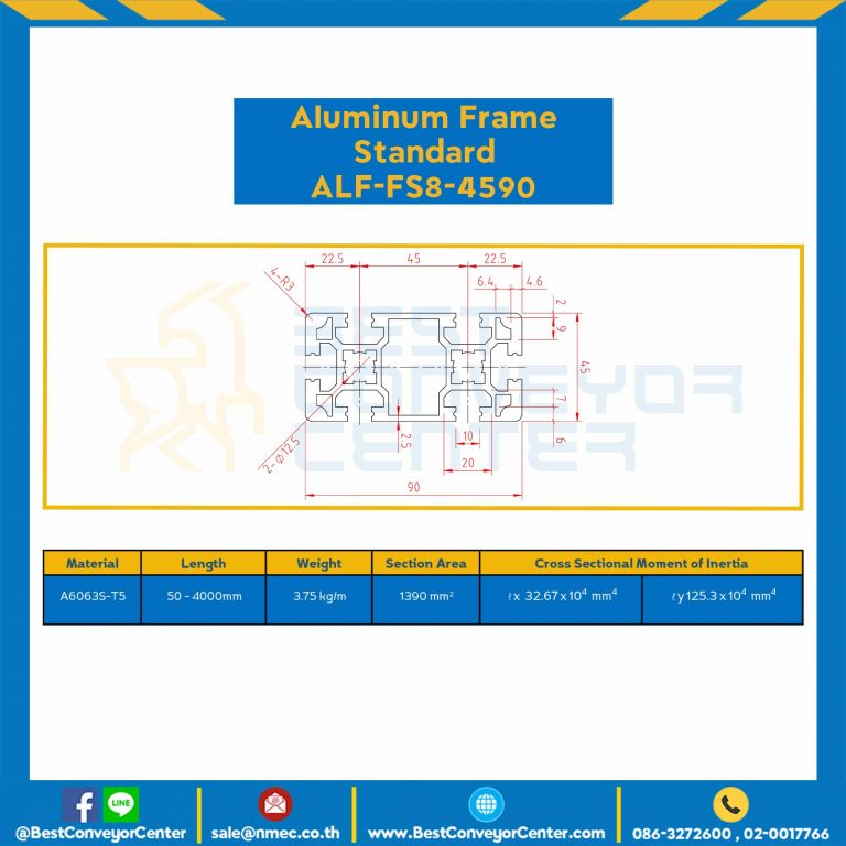 Aluminum Frame 8-45 Series Slot width 10 45×90 mm. L100 mm. Clear Anodize : ALF-FS8-4590-111