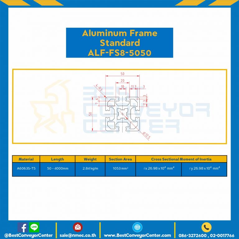 Aluminum Frame 8-45 Series Slot width 10 50×50 mm. L100 mm. Clear Anodize : ALF-FS8-5050-105