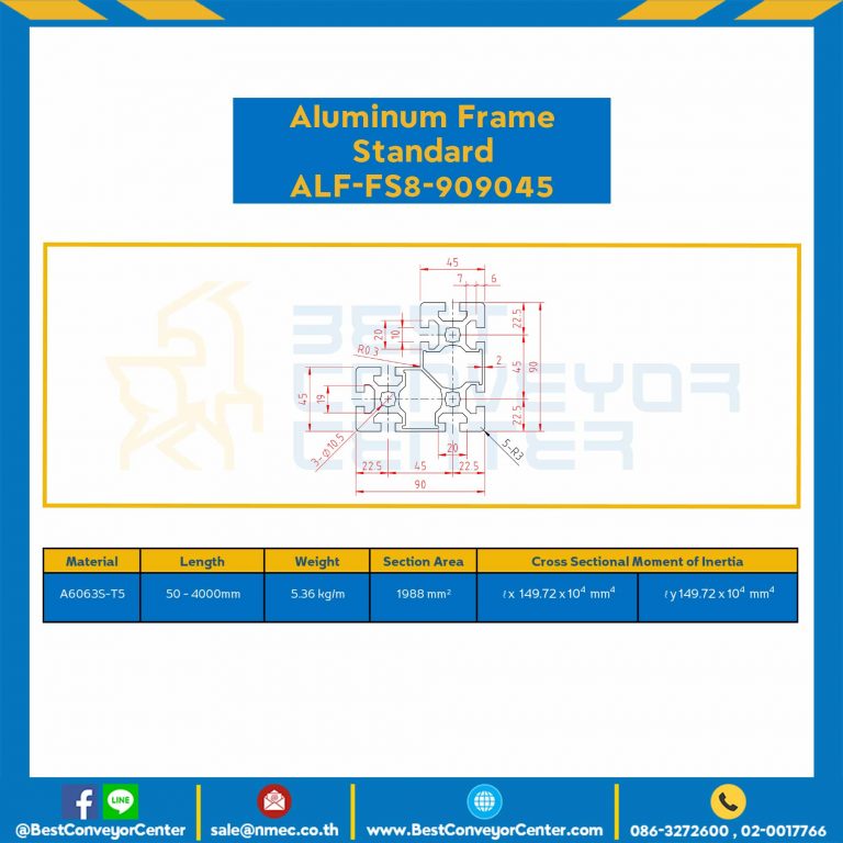 Aluminum Frame 8-45 Series Slot width 10 90x90x45 mm. L100 mm. Clear Anodize : ALF-FS8-909045-111