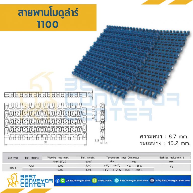 สายพานโมดูลาร์ 8505FT หนา 8.7 mm. PP : 8505FT-PP