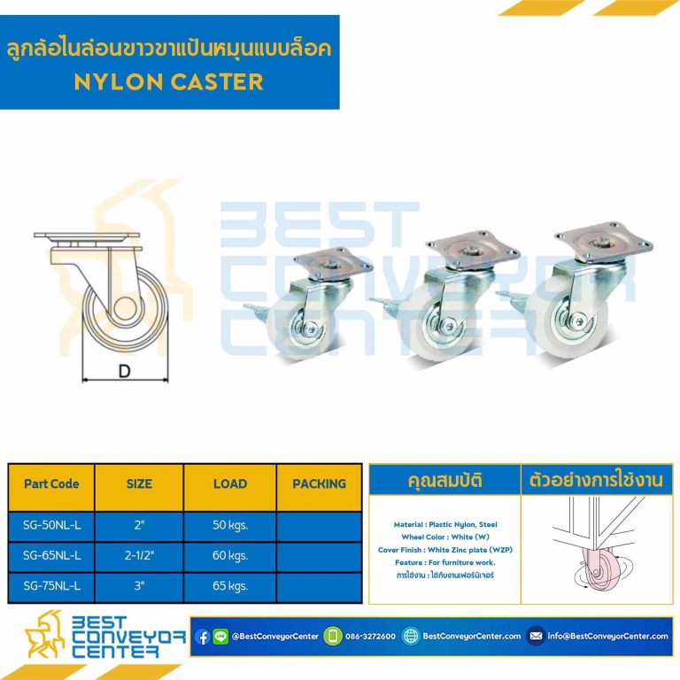 ลูกล้อไนล่อนขาวขาแป้นหมุนแบบล็อค 2″ : SG-50NL-L