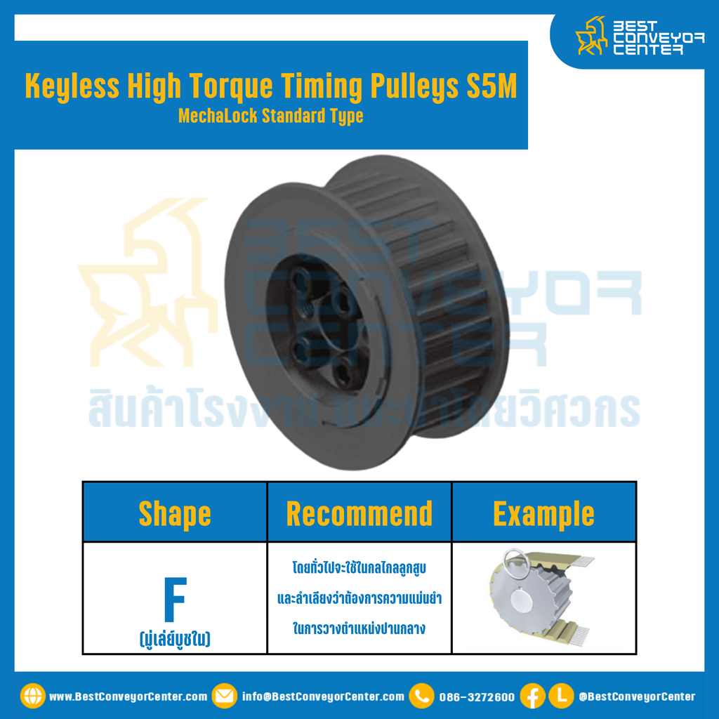 มู่เล่ย์ไทม์มิ่งแรงบิดสูงแบบไม่มีลิ่ม Pulleys Timing Keyless High Torque S5M หน้ากว้าง 10 mm. 36 ฟัน : KHTM-S5M-10-36TFS