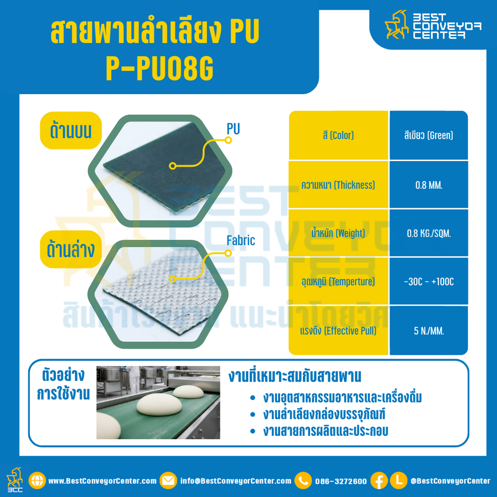 สายพานลำเลียง PU สีเขียว หนา 0.8 mm. 300×4000 mm. (ต่อกลม) : P-PU08W-W300xL4000-GR