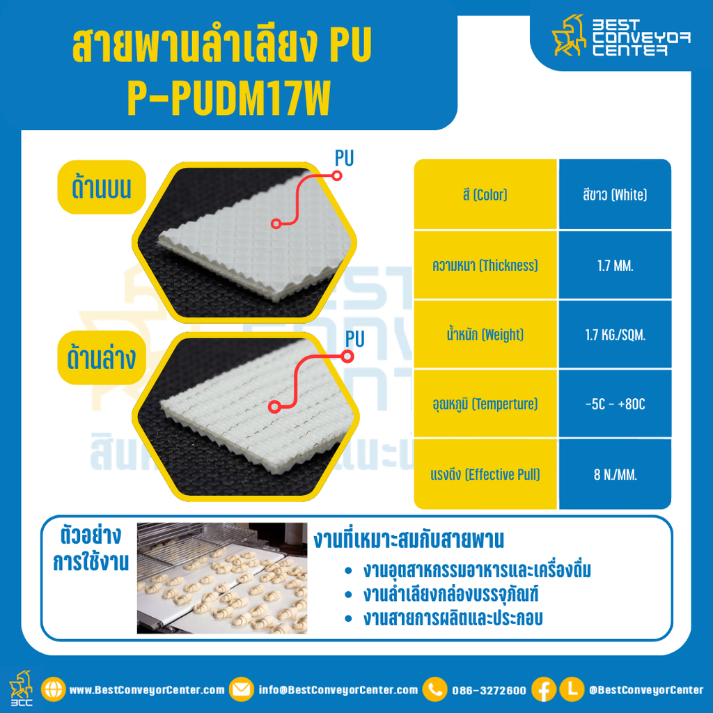 สายพานลำเลียง PU สีขาว หนา 1.7 mm. 500×4000 mm. (ต่อกลม) : P-PUDM17W-W500xL4000-W