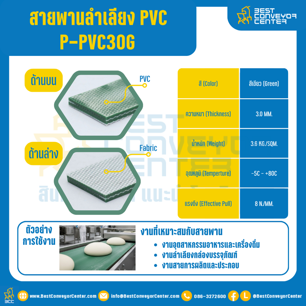สายพานลำเลียง PVC สีเขียว หนา 3 mm. 500×4000 mm. (ต่อกลม) : P-PVC30G-W500xL4000-GR