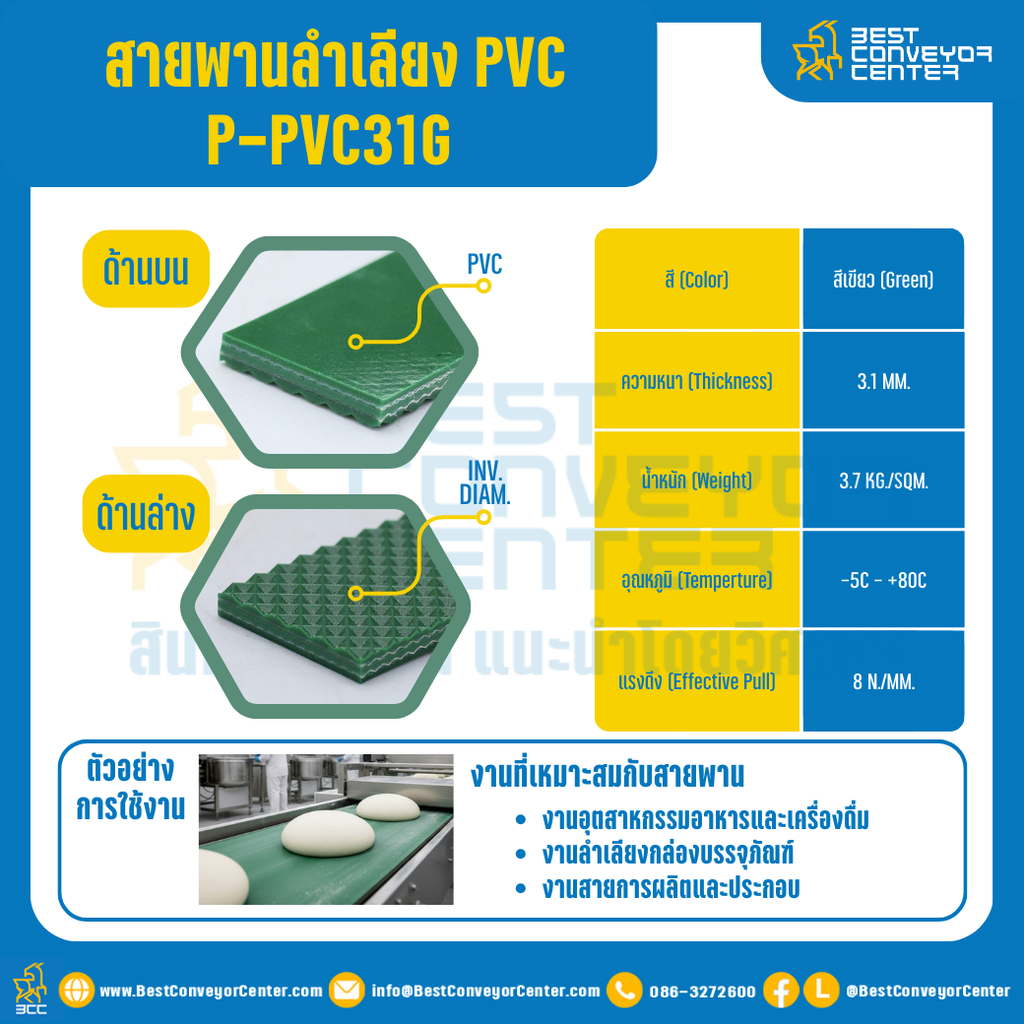 สายพานลำเลียง PVC สีเขียว หนา 3.1 mm. 100×2000 mm. (ต่อกลม) : P-PVC31G-W100xL2000-GR