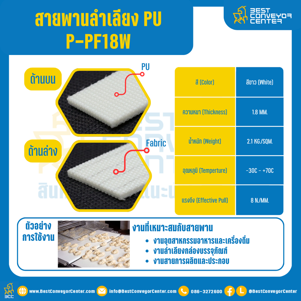 สายพานลำเลียง PVC สีขาว หนา 1.8 mm. 300×6000 mm. (ต่อกลม) : P-PF18W-W300xL6000-W