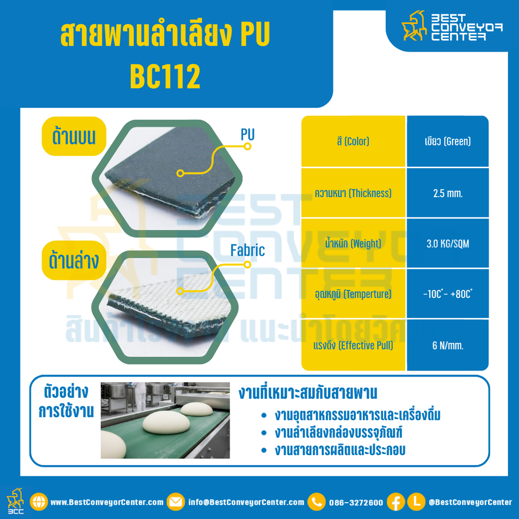 สายพานลำเลียง PU สีเขียว หนา 2.5 mm. 300×6000 mm. (ต่อกลม) : BC112-W300xL6000-GR
