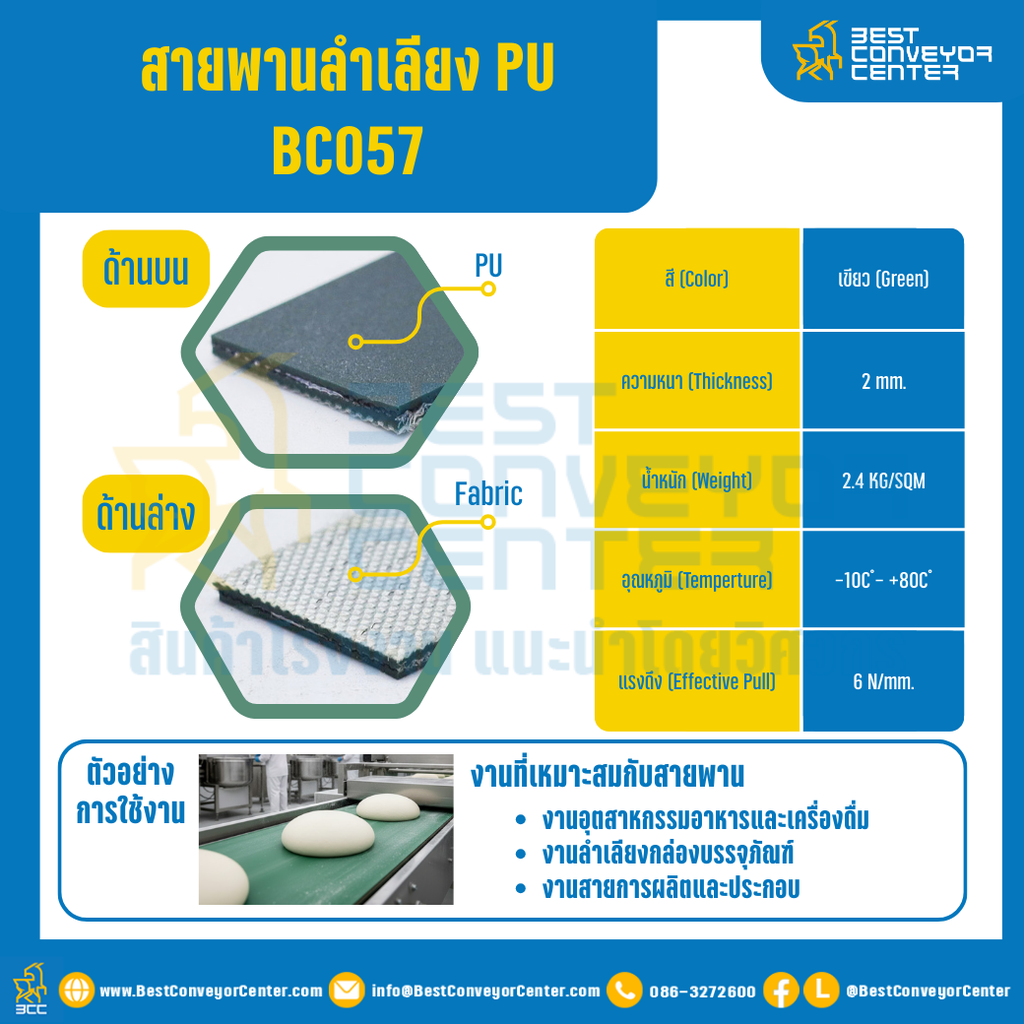 สายพานลำเลียง PU สีเขียว หนา 2 mm. 300×4000 mm. (ต่อกลม) : BC057-W300xL4000-GR