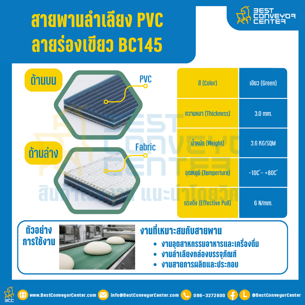 สายพานลำเลียง PVC สีเขียว ลายร่องเขียว หนา 3 mm. 200×4000 mm. (ต่อกลม) : BC0145-W200xL4000-GR