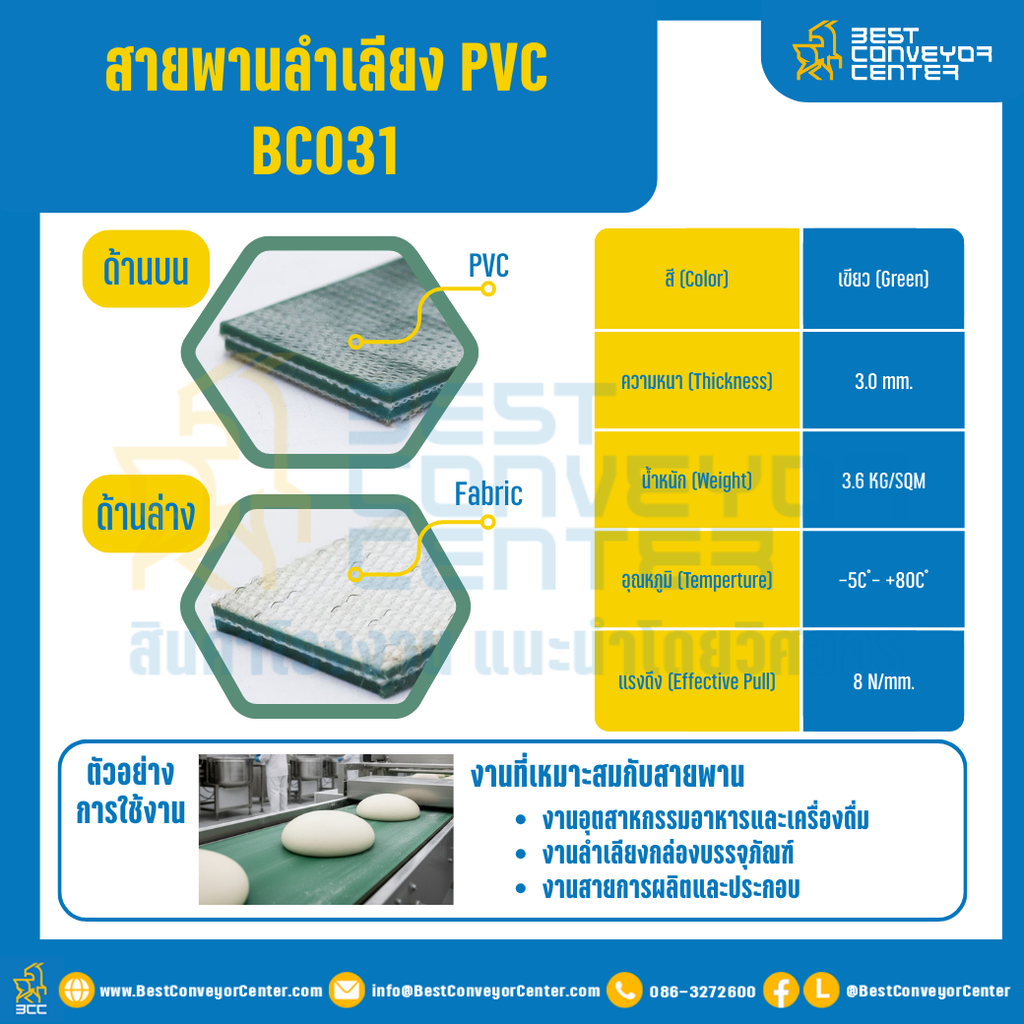 สายพานลำเลียง PVC สีเขียว หนา 3 mm. 500×4000 mm. (ต่อกลม) : BC031-W500xL4000-GR