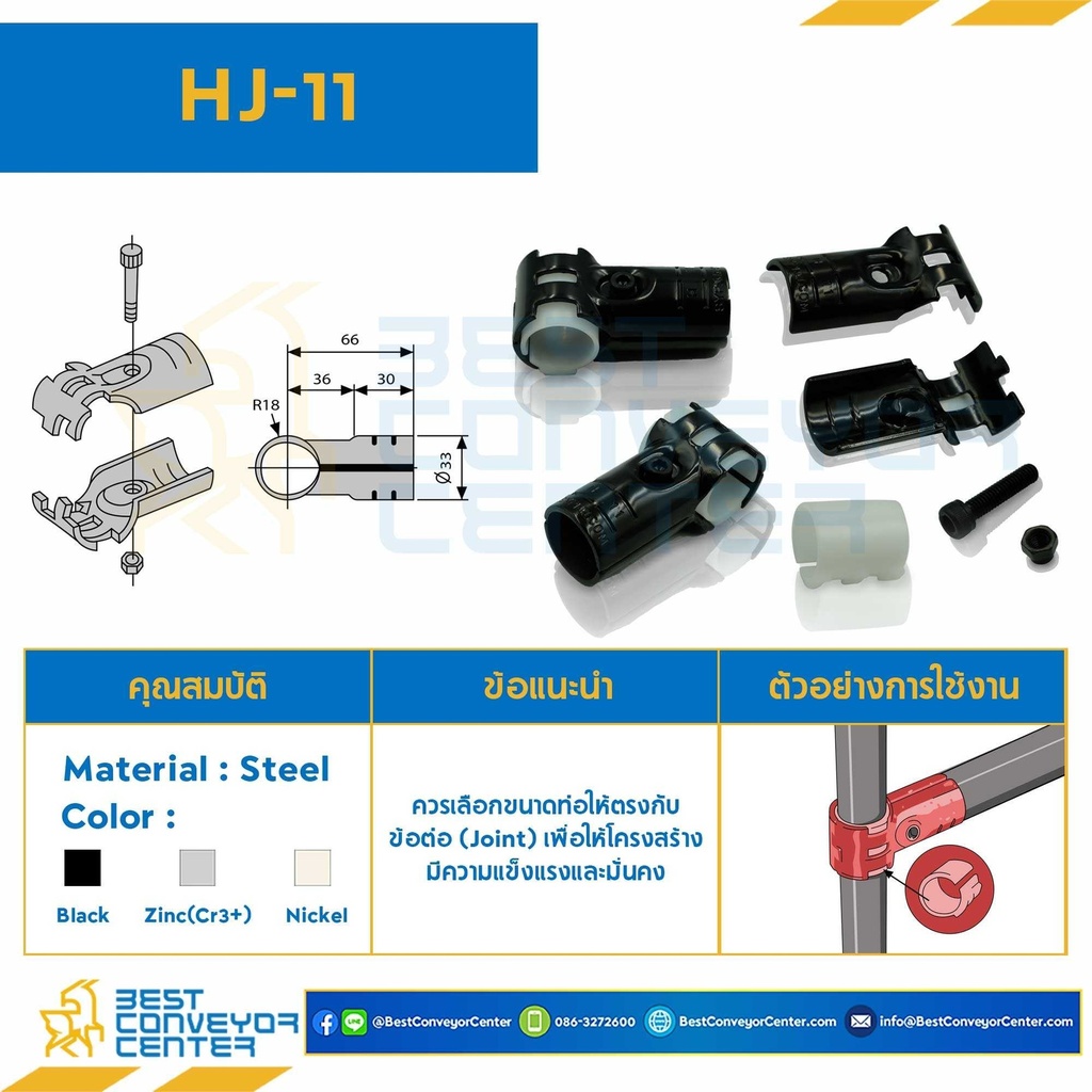 HJ-11B : Metal Joint Bolt and nut : 1 set For OD28 , Black