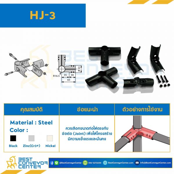 HJ-3B Metal Joint Bolt and nut : 3 set For OD28 , Black