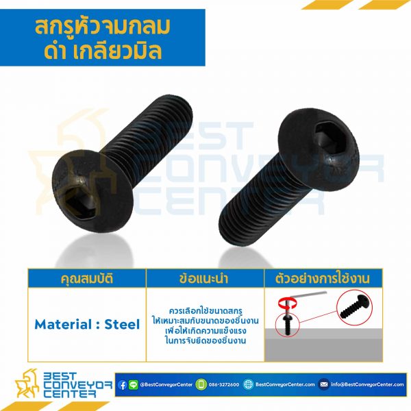 HSB-M1/4L1-1/2B-UNC สกรูหัวจมกลมดำ ขนาด 1/4×1-1/2 mm. เกลียว 20 UNC