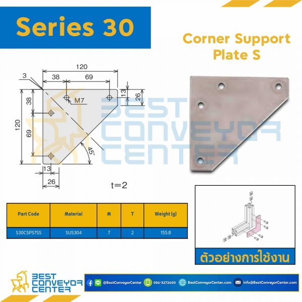 S30CSPS7SS CORNER SUPPORT PLATE S : Series 30 SUS304 M7