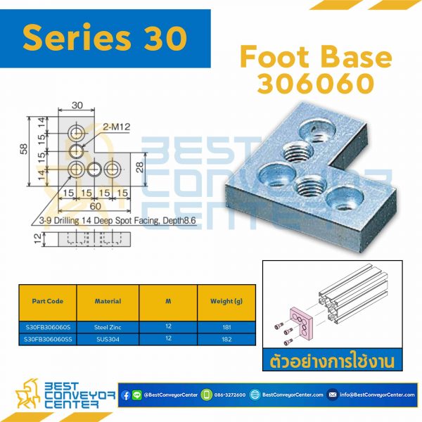 S30FB306060S FOOT BASE 306060 : Series 30 Steel Zinc M12