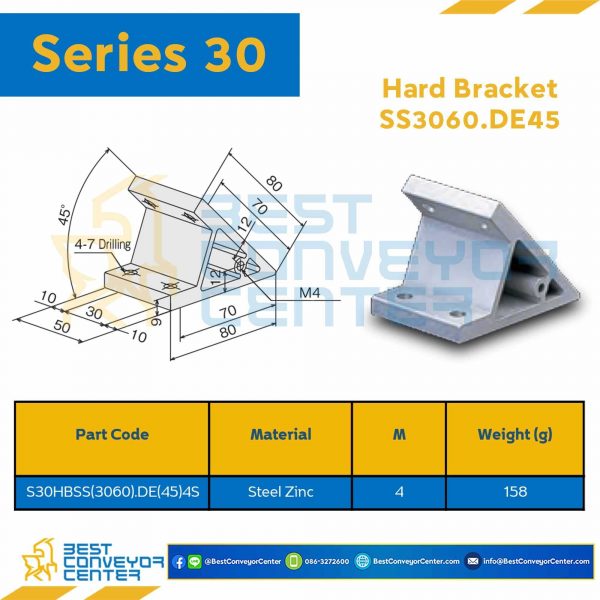 S30HB-SS3060-DE45-4S HARD BRACKET SS3060.DE45 : Series 30 Steel Zinc M4