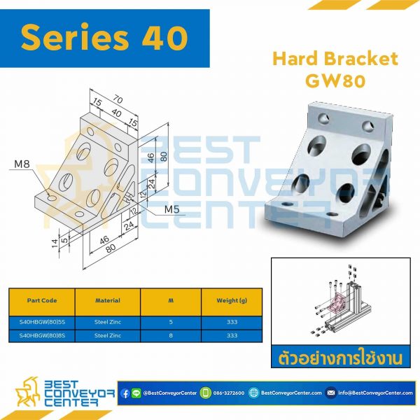 S40HB-GW80-5S HARD BRACKET GW80 : Series 40 Steel Zinc M5