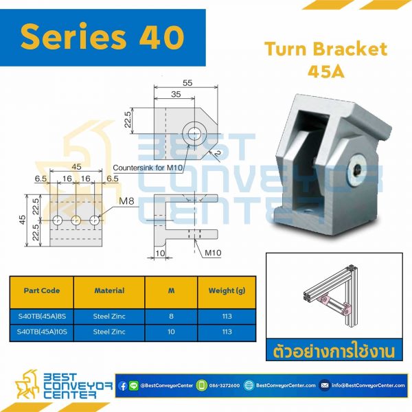 S40TB-45A-10S TURN BRACKET 45A : Series 40 Steel Zinc M10