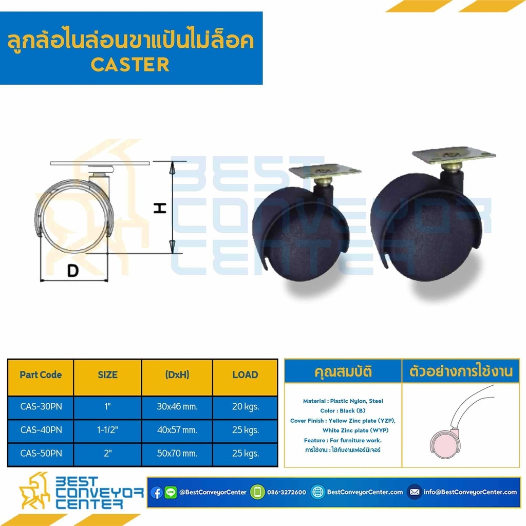 CAS-40PN ; ลูกล้อไนล่อนขาแป้นไม่ล็อค 1-1/2″