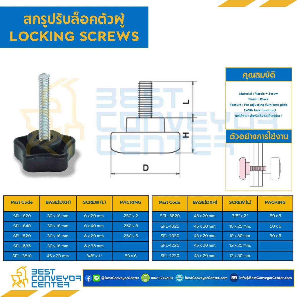 SFL-1050B สกรูปรับล็อคหัวแฉก M10x50 mm. สีดำ(P)