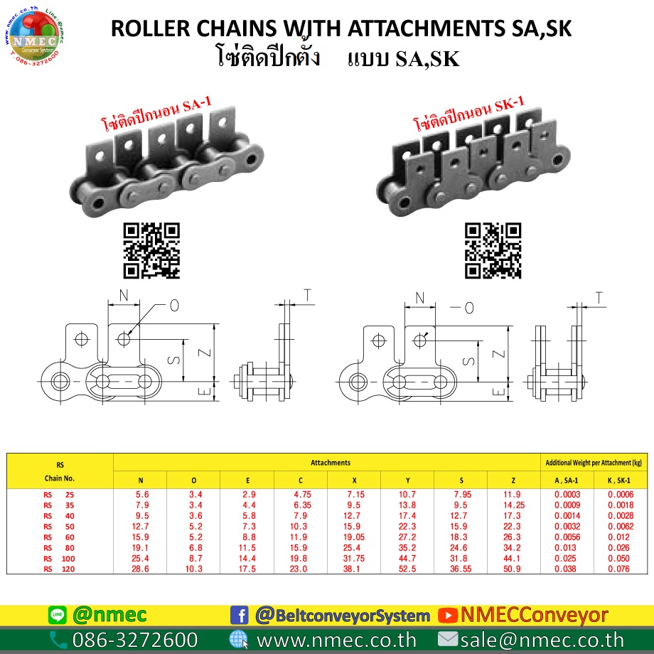 RS60-1R-SK-1L ; โซ่เหล็ก เบอร์ 60-1R ติดปีกตั้ง 2 ข้าง เจาะรูปีก 1 รู ติดทุกข้อ