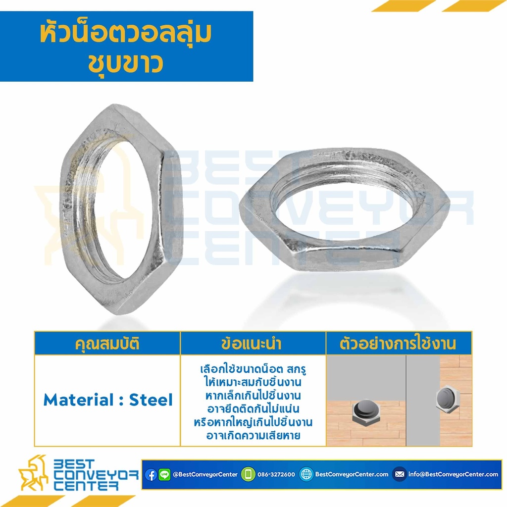 VN-M10-1-WZ ; หัวน็อตวอลลุ่มชุบขาว ขนาด M10x1 ขอบ 13 หนา 2.5 mm.