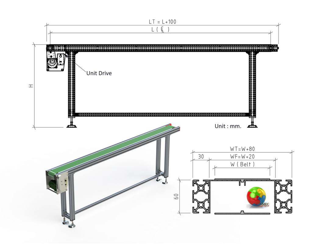 Mini Belt Conveyor : Model &quot;MiiB&quot; Dimension ; W400xL750xH750+50mm. Frame Aluminium Profile 60x30 mm. Roller Drive&amp;Tail Dia 60 mm. Steel Zinc Plate Support Belt : steel zinc 1.5 mm. Stand Aluminium 30x30 mm. Motor gear 220V/50Hz + adjustable speed  Foot Adjust M16x150 mm. Steel zinc